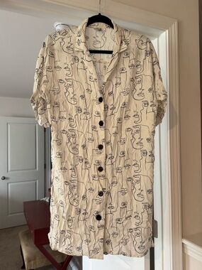 ASOS Cream Shirt Mini Dress or Long Button Up with Black Abstract Line Print